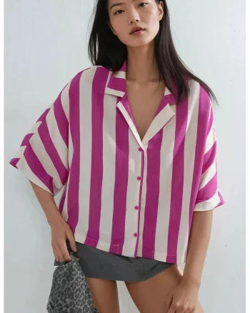 Camasa dama,  cu nasturi si dungi, roz magenta/alb, textil