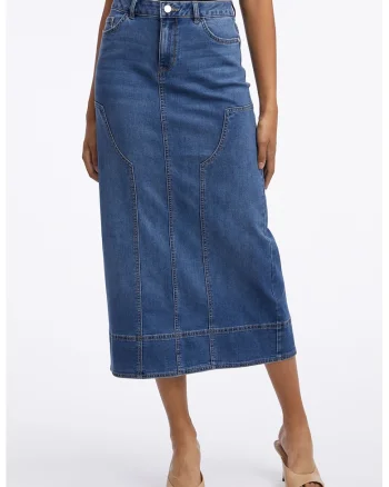 Fusta midi de denim, Albastru melange