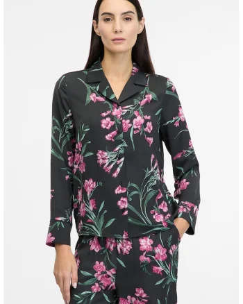 Camasa cu model floral si maneci lungi, Verde/Fucsia/Negru stins