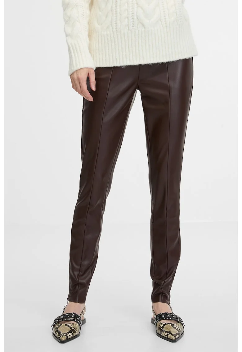 Pantaloni slim fit de piele ecologica, Maro inchis