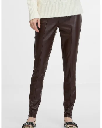 Pantaloni slim fit de piele ecologica, Maro inchis