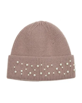 Caciula elastica cu perle sintetice, Alb fildes/Maro taupe