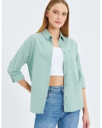 Camasa dama,  camasa cu maneca lunga, buzunar, verde salvie, textil, Verde salvie