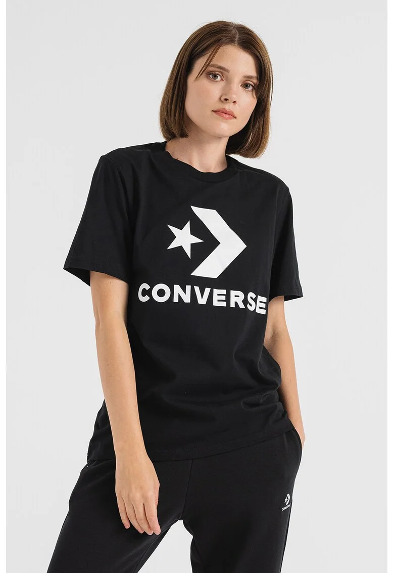 Tricou unisex de bumbac cu model chevron Go-To-Star, Alb/Negru