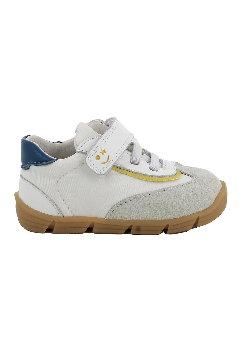 Pantofi sport cu inchidere velcro si garnituri din piele intoarsa, Alb murdar/Bleumarin/Galben mustar