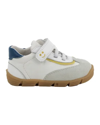 Pantofi sport cu inchidere velcro si garnituri din piele intoarsa, Alb murdar/Bleumarin/Galben mustar