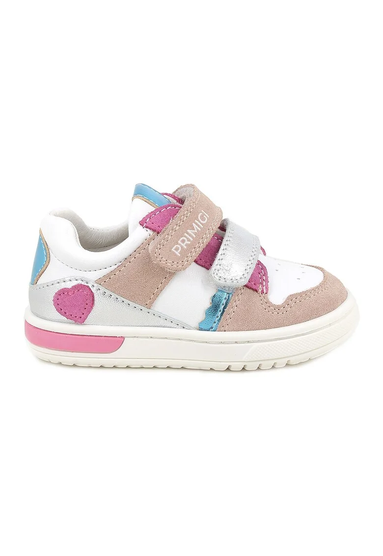 Pantofi sport cu garnituri din piele si segment dublu cu inchidere velcro, Alb/Roz/Albastru deschis