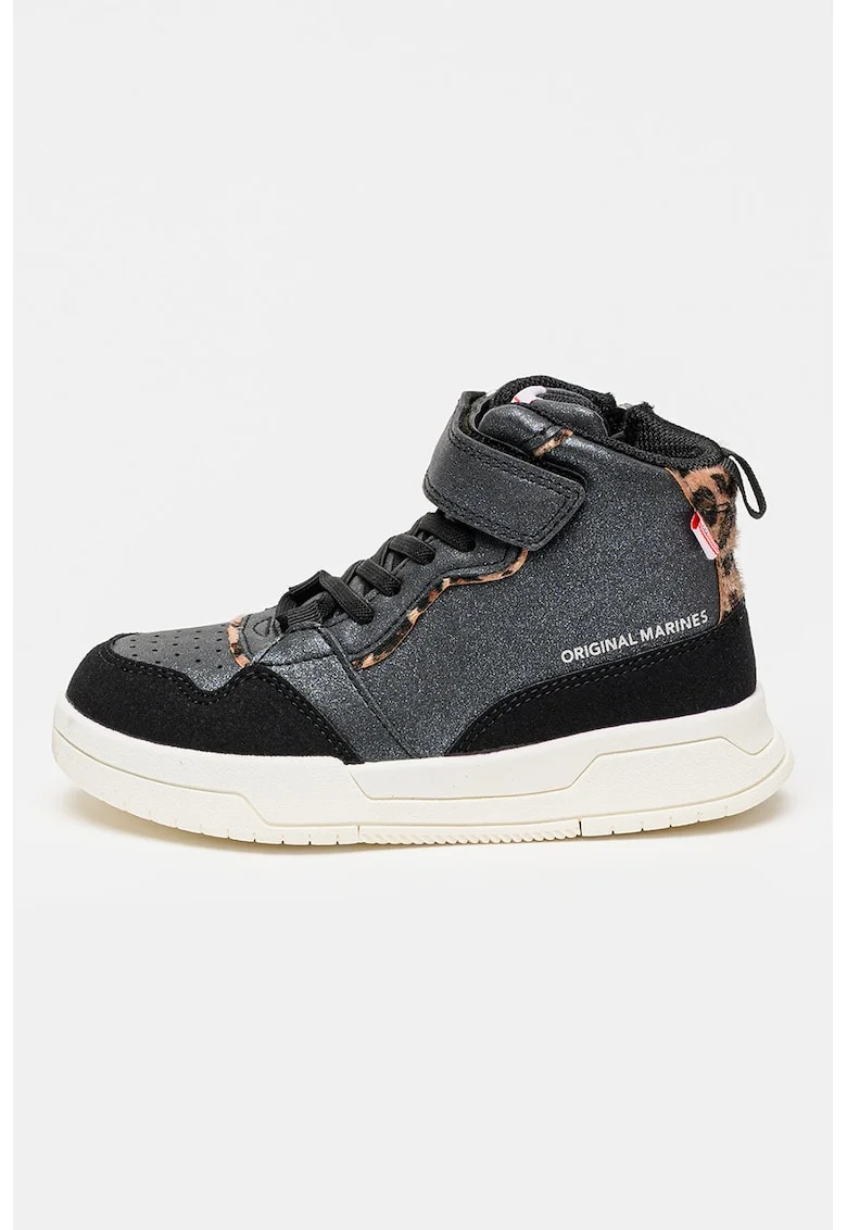 Pantofi sport mid-high din piele ecologica cu detalii cu aspect stralucitor, Argintiu inchis/Negru