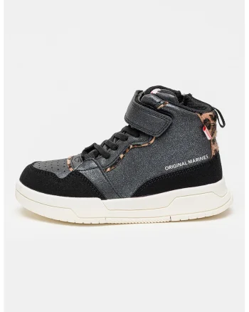 Pantofi sport mid-high din piele ecologica cu detalii cu aspect stralucitor, Argintiu inchis/Negru