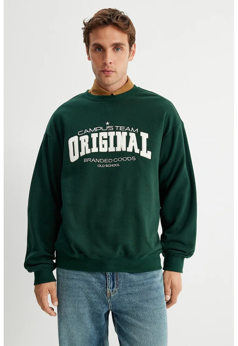 Bluza de trening cu imprimeu text, Alb/Verde padure