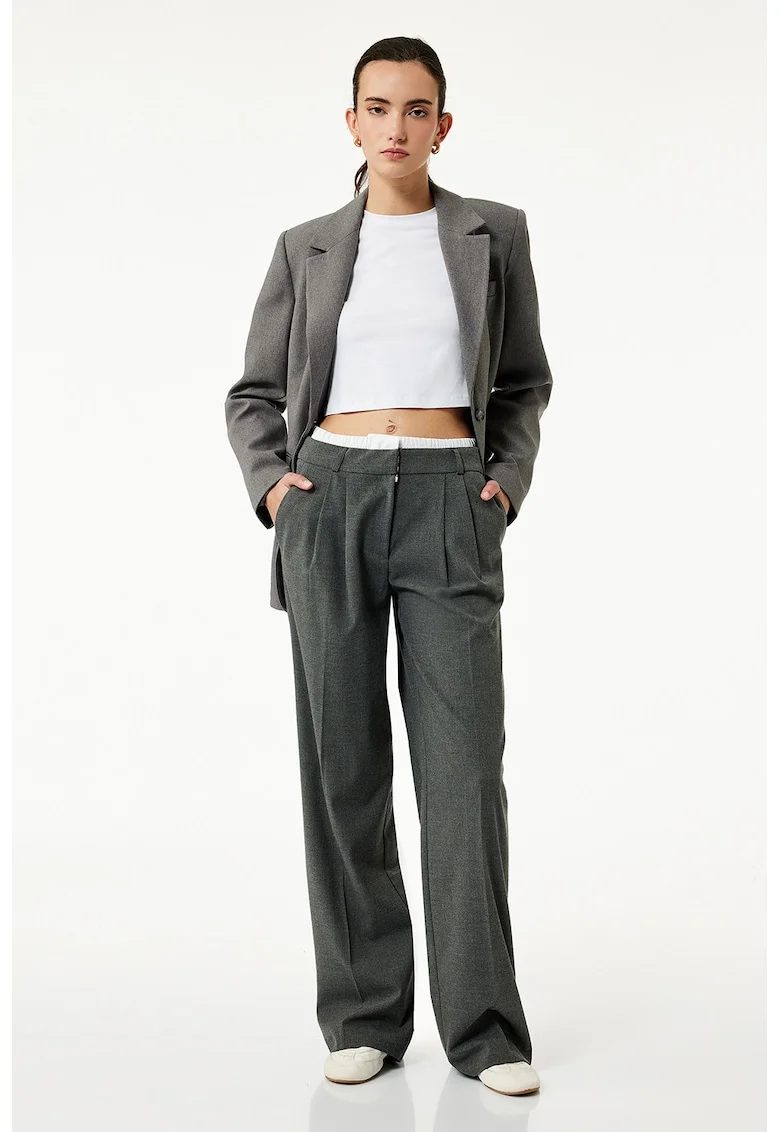 Pantaloni cu croiala ampla si banda elastica contrastanta, Gri antracit