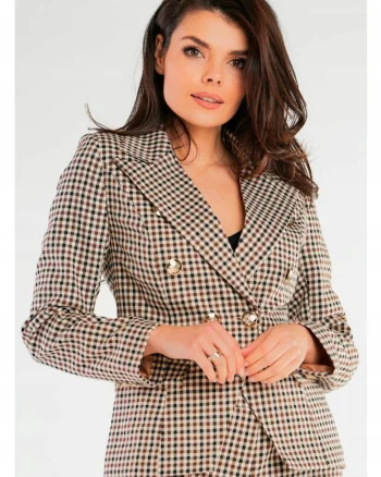 Sacou De Dama,  Design Cu Doua Randuri, Model In Carouri, Material Poliester, Croi Slim Fit, Maneci Lungi, Buzunare Cu Clapeta, Maro, Bej