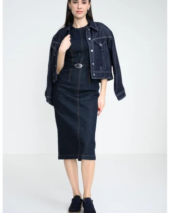 Rochie midi din denim, fara maneci, Albastru ultramarin