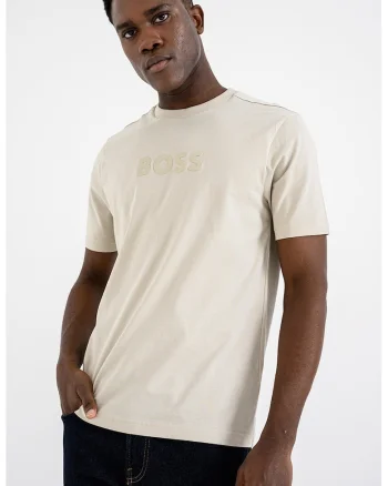 Tricou cu imprimeu logo si decolteu la baza gatului, Bej deschis