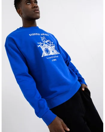 Bluza de trening cu imprimeu logo si maneci cazute, Alb/Albastru royal