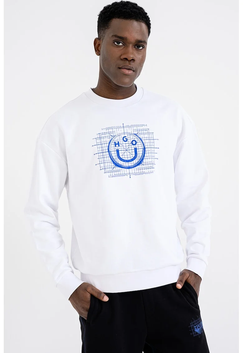 Bluza de trening cu imprimeu logo si maneci cazute, Albastru royal/Alb optic