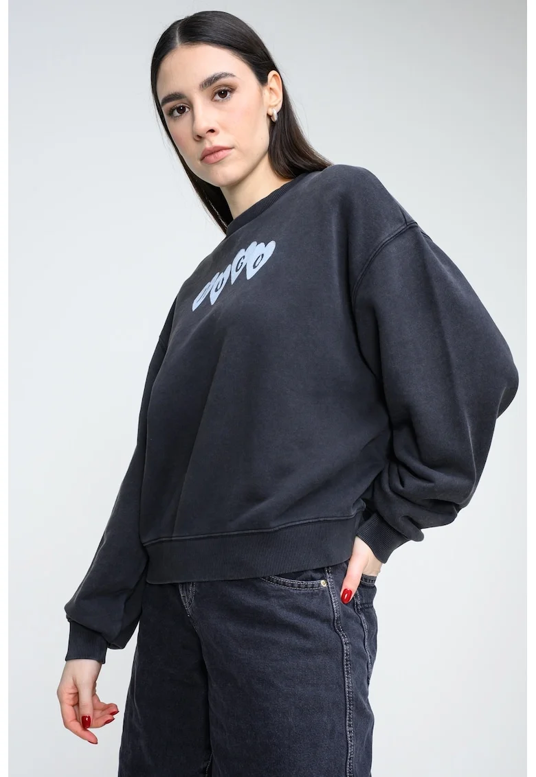 Bluza de trening cu croiala lejera si imprimeu logo, Negru stins