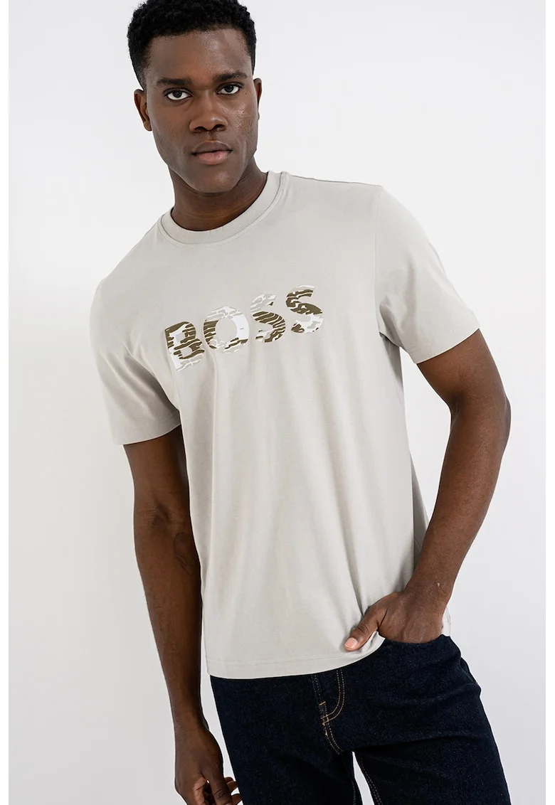Tricou de bumbac cu imprimeu logo, Maro nisip