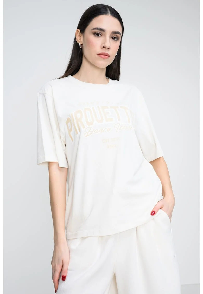 Tricou lejer cu imprimeu text pe partea din fata, Alb fildes