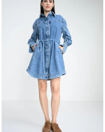 Rochie-camasa din denim cu cordon in talie si buzunare laterale, Albastru melange