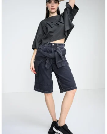 Tricou crop cu maneci cazute si imprimeu text, Gri antracit