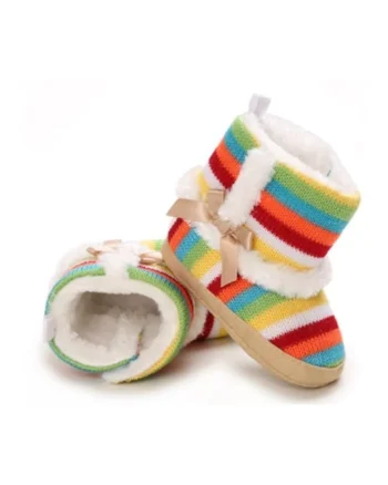 Cizmulite colorate, cu dungi curcubeu, blanita alba si fundita eleganta, Multicolor