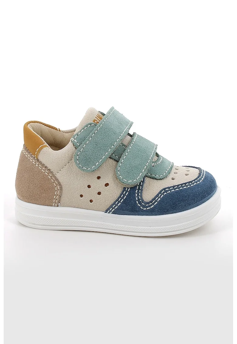 Pantofi sport cu inchidere velcro si segmente din piele intoarsa, Verde/Albastru inchis/Bej deschis
