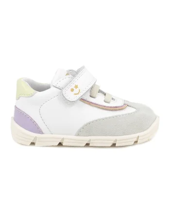 Pantofi sport din piele si piele intoarsa cu inchidere velcro, Alb/Violet/Galben pal