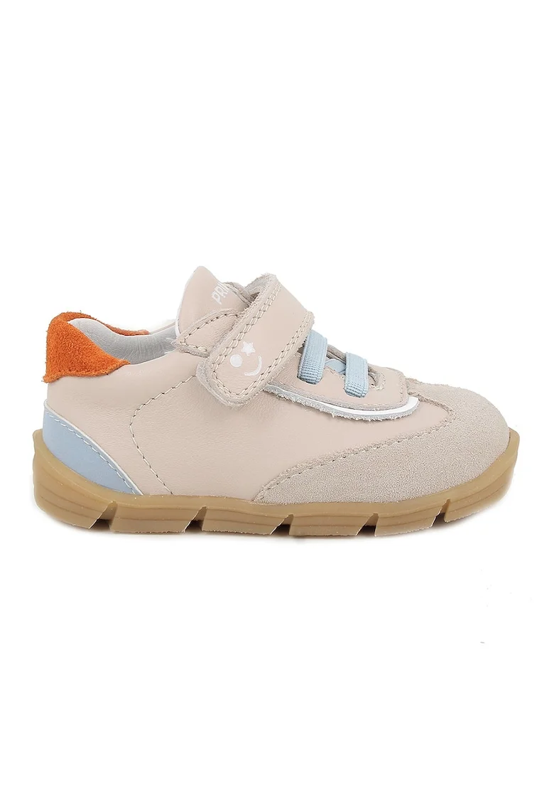 Pantofi sport din piele si piele intoarsa cu inchidere velcro, Portocaliu mandarina/Albastru pal/Maro nisip