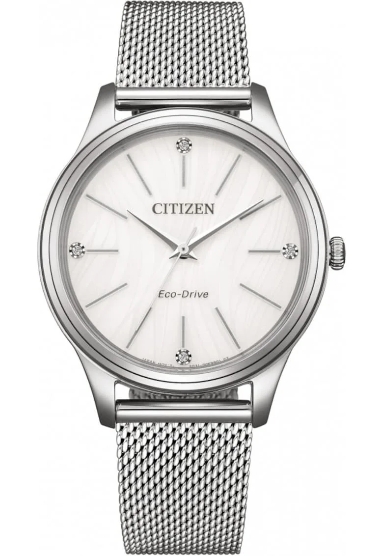 Ceas de dama  EM1220-82A, argintiu, cadran alb, bratara mesh, Eco-Drive