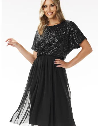 Rochie  A689, neagra, din paiete, poliester-elastan