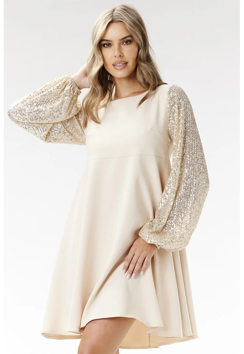 Rochie  A694, maneci paiete, bej, poliester-elastan
