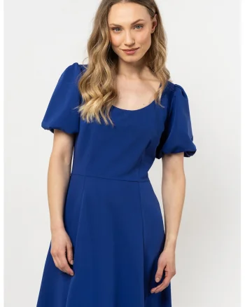 Rochie dama midi evazata,  albastru, poliester/elastan