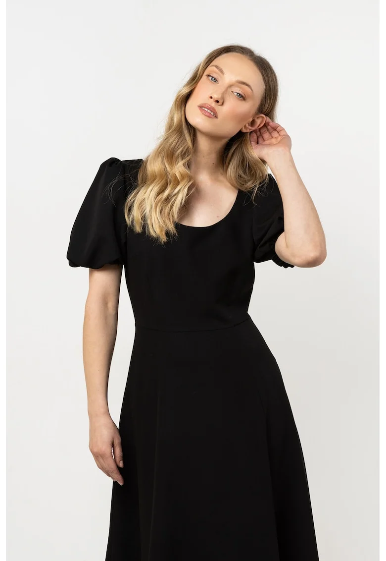 Rochie midi evazata,  neagra, poliester/elastan