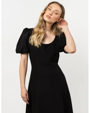 Rochie midi evazata,  neagra, poliester/elastan