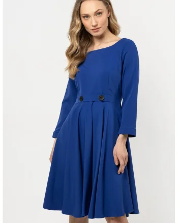Rochie midi evazata,  albastru, poliester-elastan