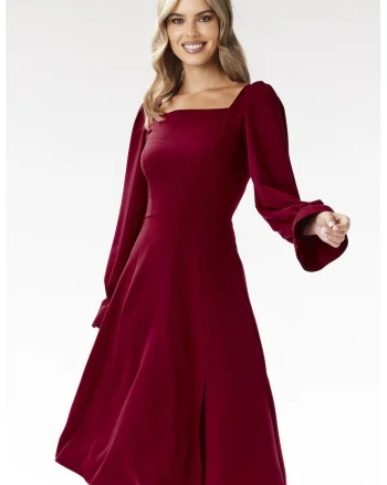 Rochie midi,  decolteu patrat, maneci lungi, visiniu, poliester-elastan