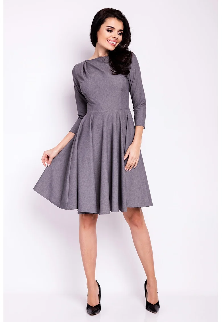Rochie midi evazata,  gri, maneci 3/4, poliester-elastan