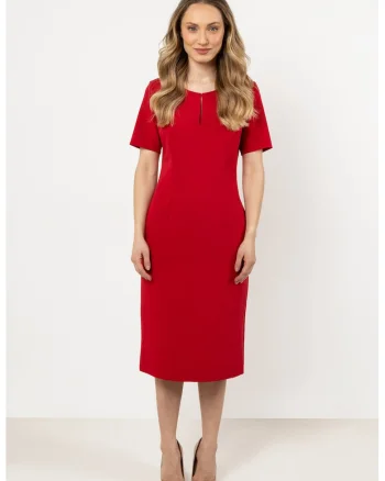 Rochie midi  A706, rosie, croiala mulata, decolteu tip barca, material poliester-elastan