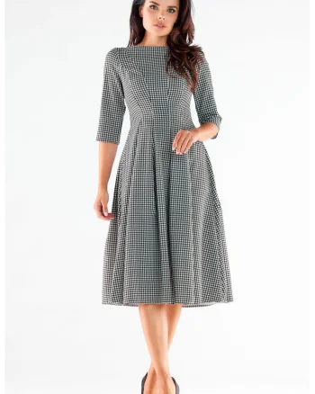 Midi Rochie Maneca trei sferturi A519, Alb/Gri