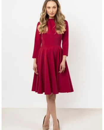 Rochie midi evazata,  poliester-elastan, Rosu