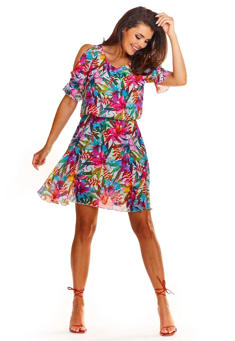 Rochie  de vara, maneca scurta, model floral, Multicolor