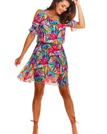 Rochie  de vara, maneca scurta, model floral, Multicolor