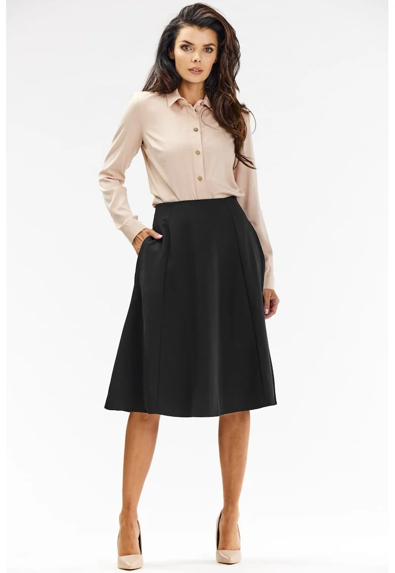 Fusta midi eleganta,  evazata, poliester/elastan, negru