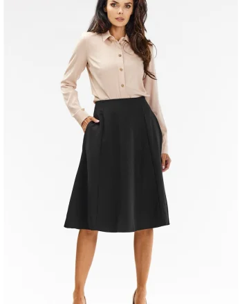 Fusta midi eleganta,  evazata, poliester/elastan, negru