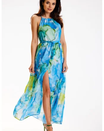 Rochie A506,  Poliester, Albastru/Verde