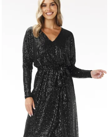 Rochie midi trapez  decolteu V, paiete, negru, poliester-elastan