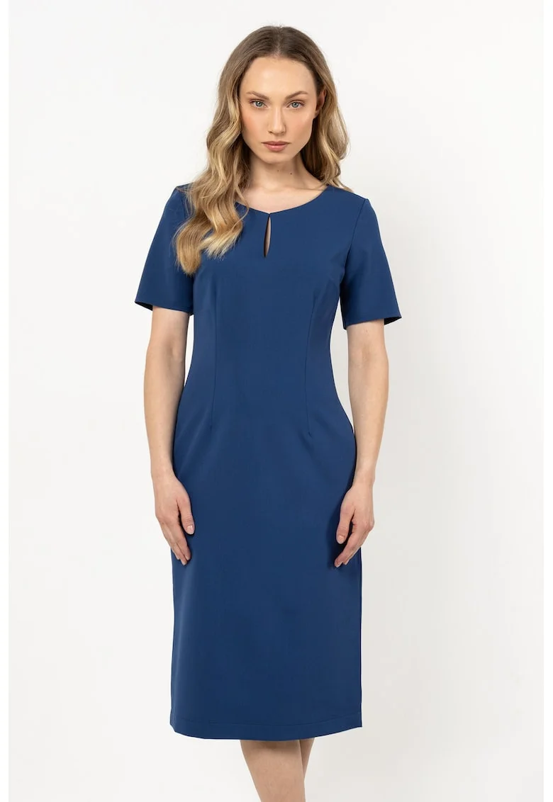 Rochie midi clasica,  albastru, poliester-elastan