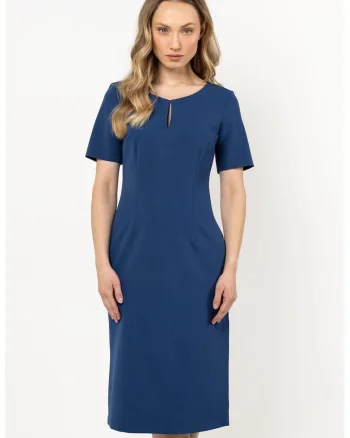 Rochie midi clasica,  albastru, poliester-elastan