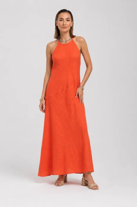 Rochie lunga, asimetrica, din in, cu spatele gol, rosu tangerine